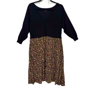 Torrid Midi Dress 3/4 Sleeve Black Knit Woven Floral Fit to Flare Pockets Sz 1